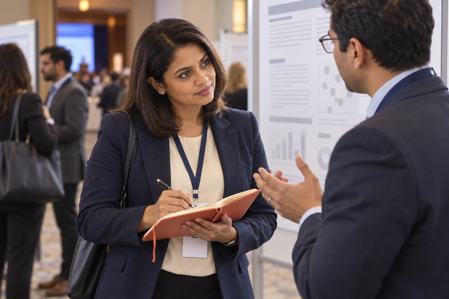 Fictional Medical Affairs professional discusses a poster with a researcher and records a question in her coral notebook.