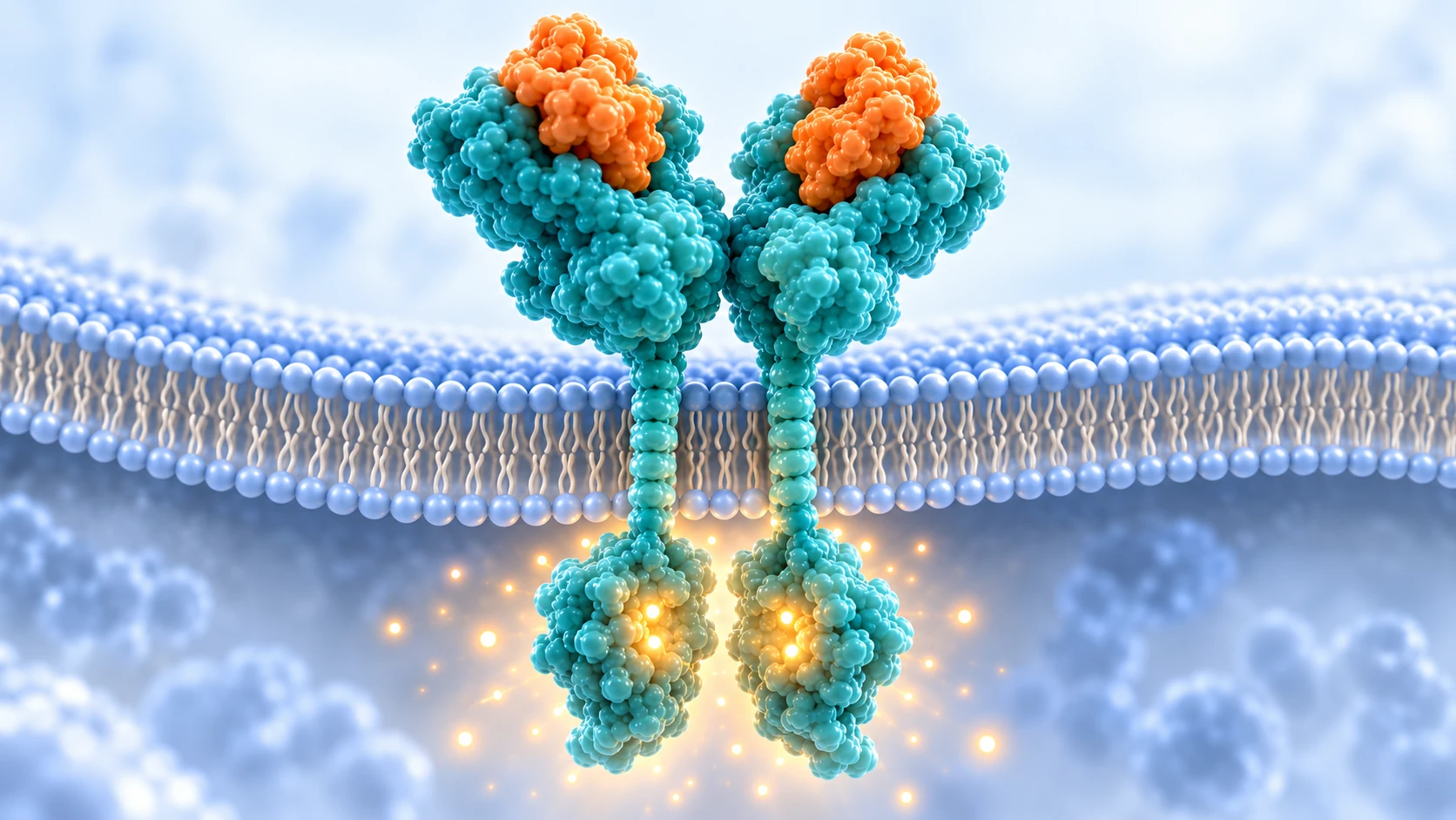 Schematic normal interaction: orange growth factor binds teal EGFR receptors across a cell membrane.