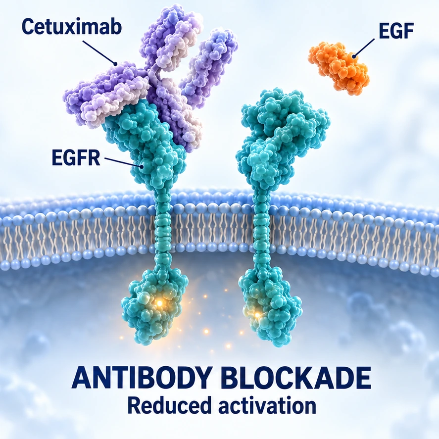 Antibody blockade panel: labeled cetuximab binds EGFR, EGF remains unbound, and receptor activation is reduced.