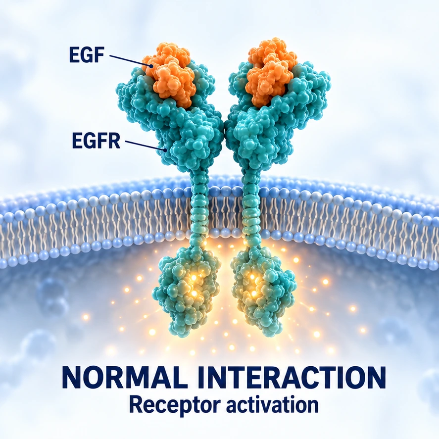 Normal interaction panel: labeled EGF binds EGFR, with receptor activation below the membrane.