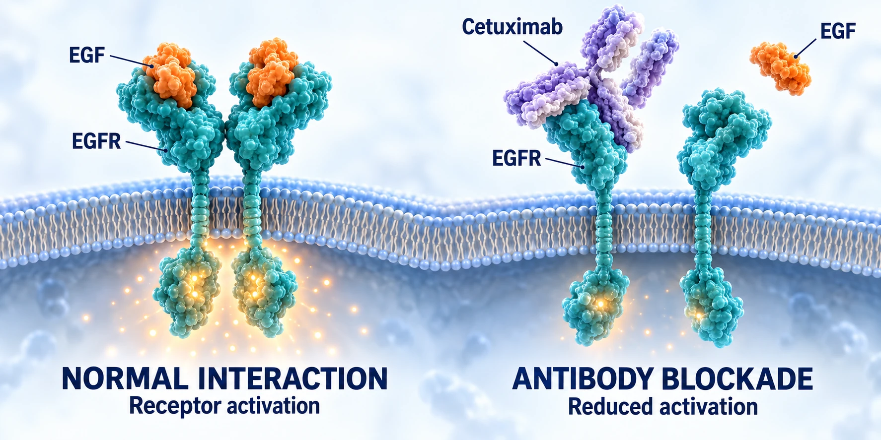 Labeled overview comparing EGF binding and EGFR activation with cetuximab ligand-binding blockade and reduced receptor activation.