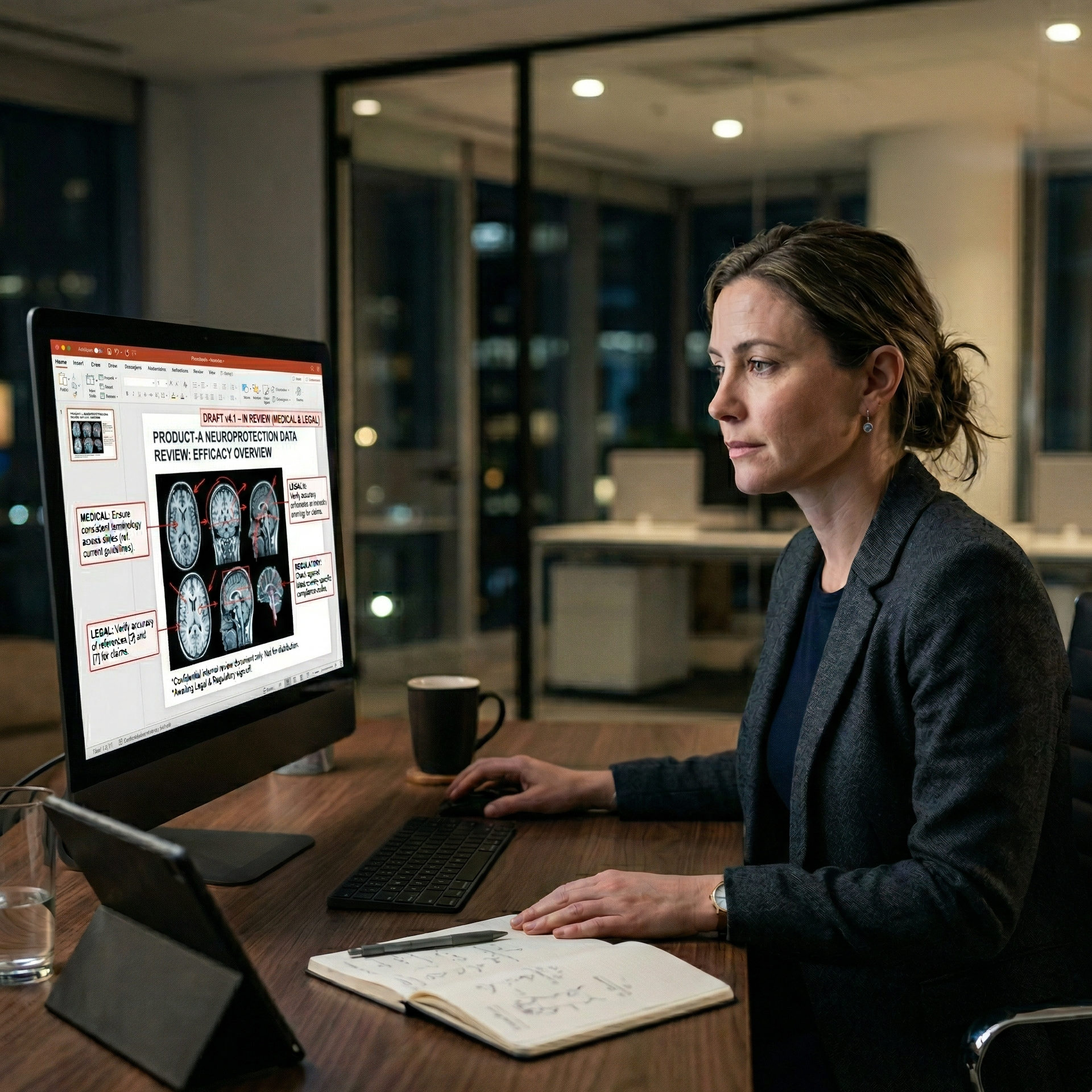 Medical affairs professional surrounded by compliance review documents and feedback