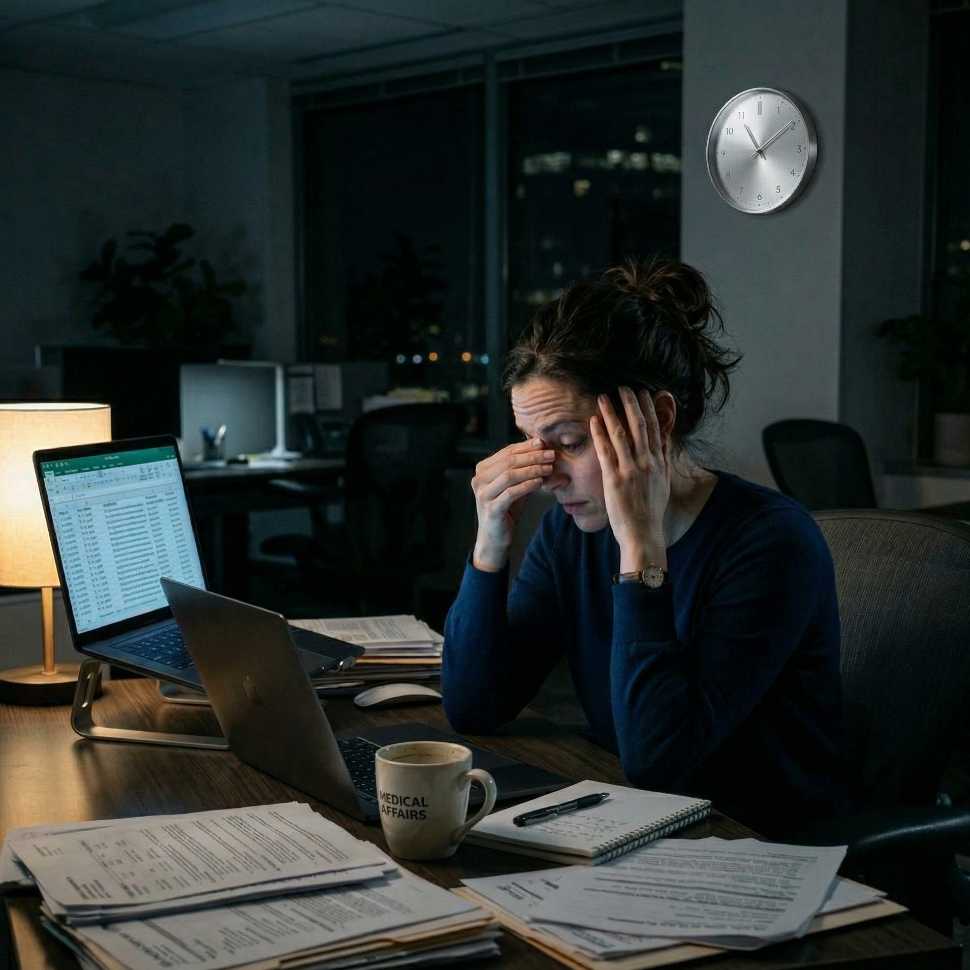 Medical affairs professional working late at night matching claims to source documents